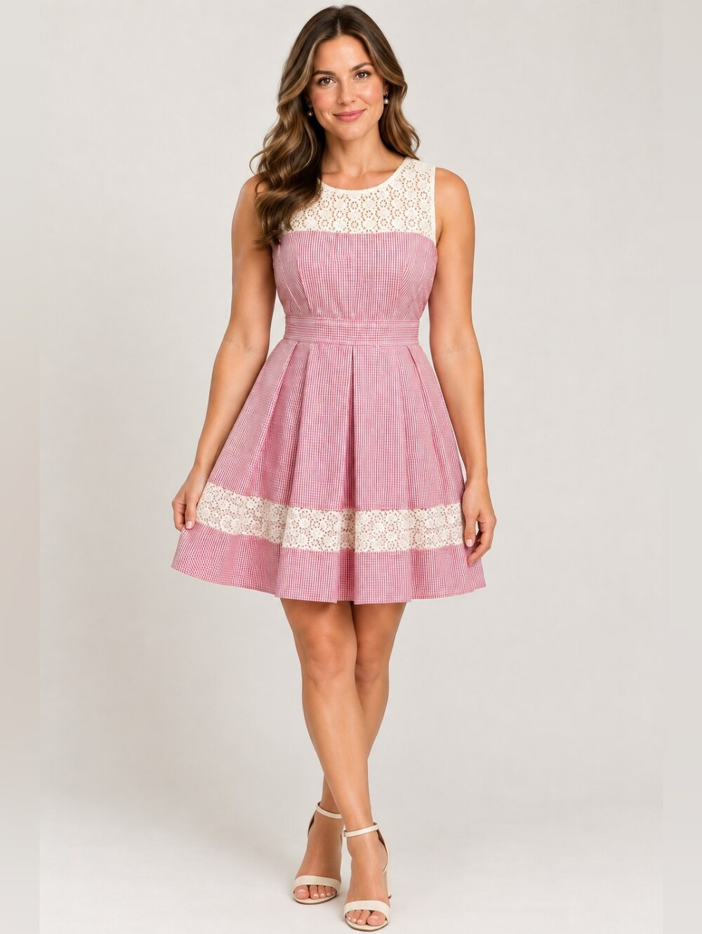 Nina Leonard Pink and White Lace-Trim Fit-and-Flare Dress